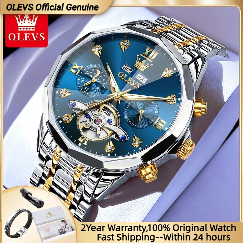 OLEVS 6621 Mens Watch High-end Automatic Mechanical Watches Flywheel Hollow Dial Calendar Moon phase Waterproof Man Wristwatch