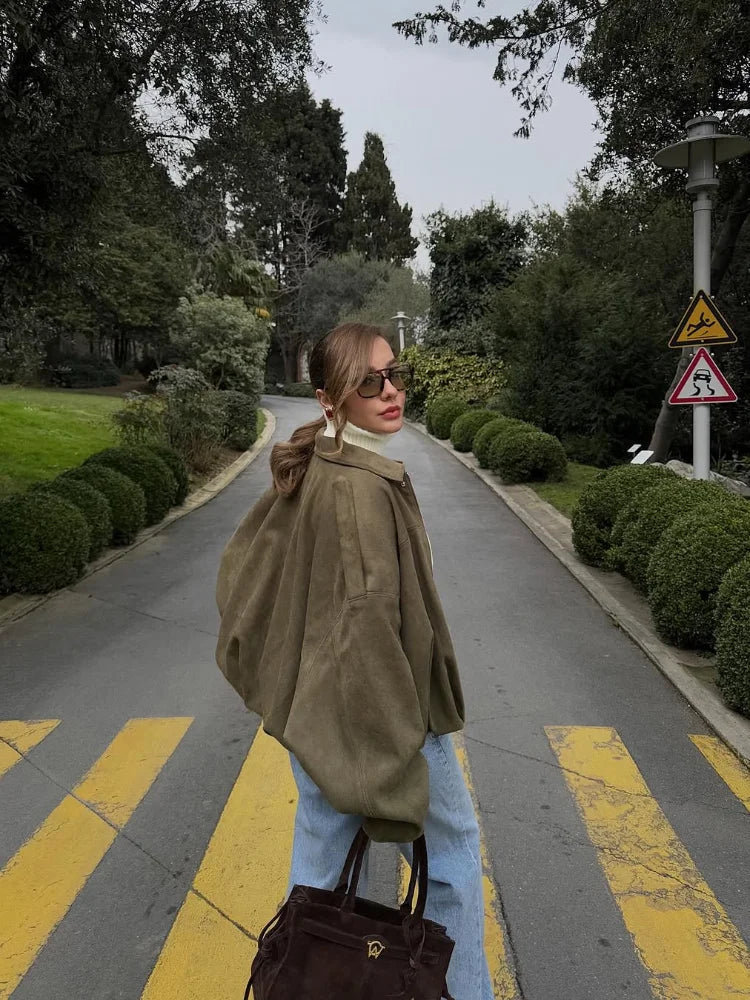 Chic Women's Green Suede Jacke Fashion Loose Long Sleeve Laple Zipper Bomber Jackets 2025 Spring New Ladies High Street Clothing