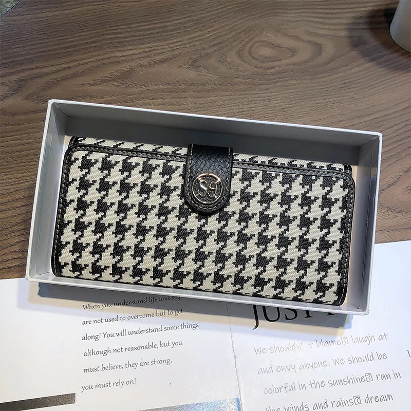 2024 New Genuine Leather Women Wallets Houndstooth Embroidery Long Wallet Excellent Cowhide Billfold For Cell Phone Clutch Bags
