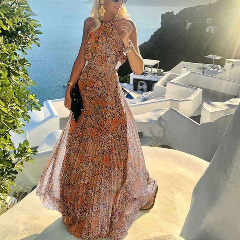 Fashion Sexy Halter Print Pleated Long Dress Women Sweet O Neck Beach Cover-Ups Robe Summer Sleeveless Casual Boho Maxi Sundress