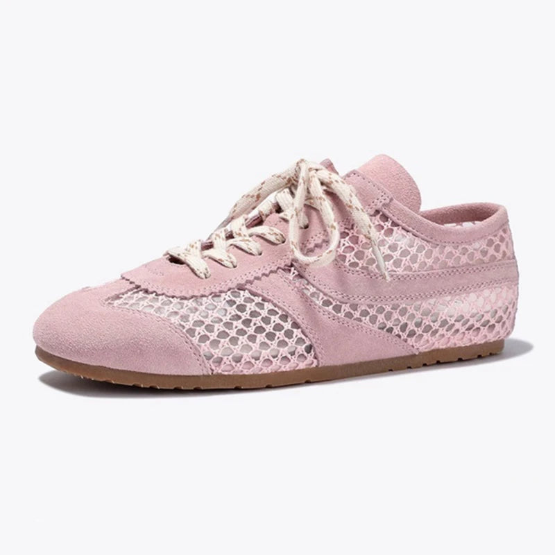 MORAZORA INS Fashion Suede Leather Women Sneakers Lace Up Mesh Breathable Cut Outs Flat Shoes Summer Casual Shoes Female