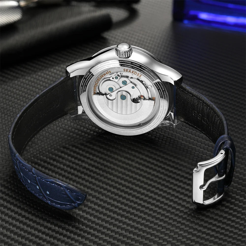 SEAKOSS 3D Double Earth Rotating Automatic Movement Mechanical Watch for Men 1963 Flywheel Wristwatches 5Bar Waterproof Clock