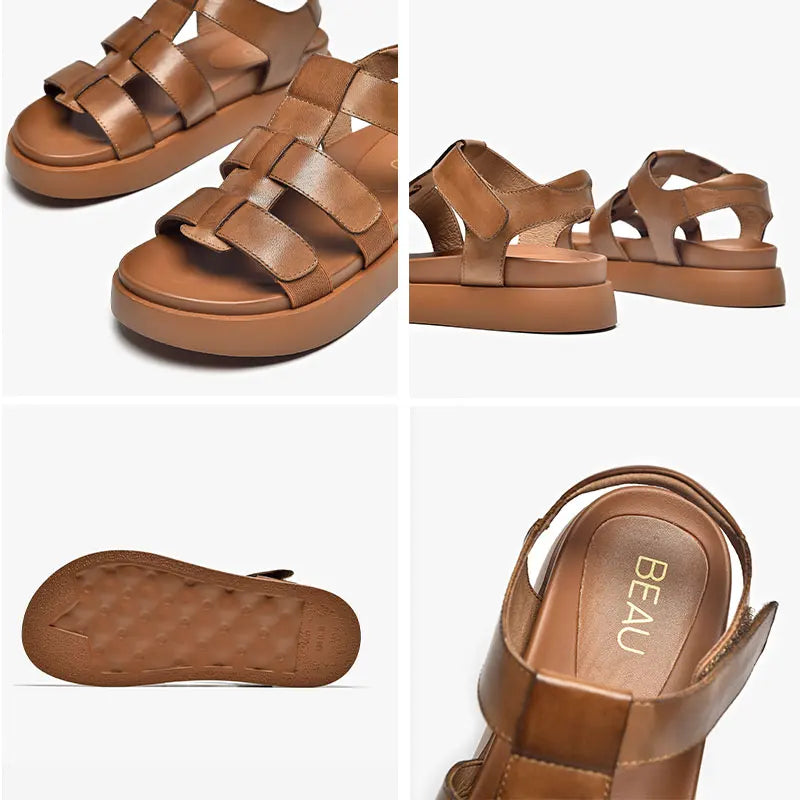 BEAUTODAY Gladiator Sandals Women Genuine Cow Leather Flats Open Toe Ankle Strap Summer Casual Ladies Platform Shoes 34560