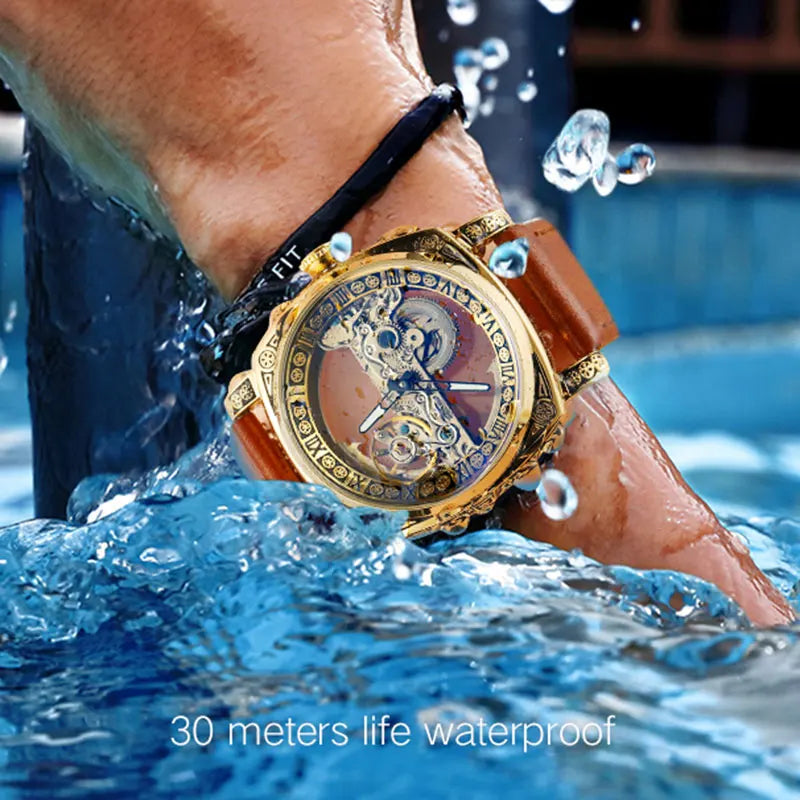 SKROX Designer Luxury Hollow Skeleton Automatic Movement Mechanical Clock Gold Man Watch Elegant Fashion Male Wrist Watches 2025