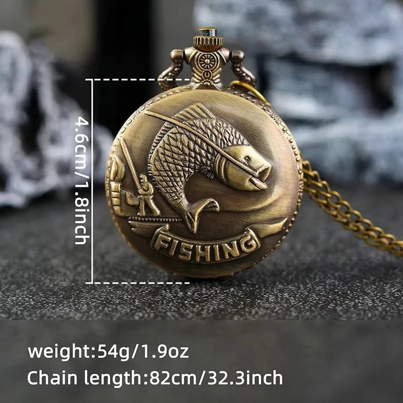Vintage Bronze Fishing Pattern With Necklace Pendant Quartz Pocket Watch Gift Clock For Men Mlae Women Kids Relogio Saati