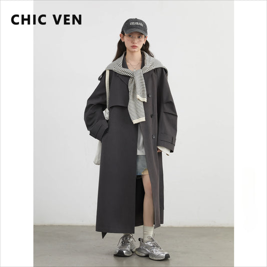 CHIC VEN Fashion Women Trench Coat Single Breasted Loose Casual New Belt Long Female Windbreaker Ladies Coat Spring Autumn 2025