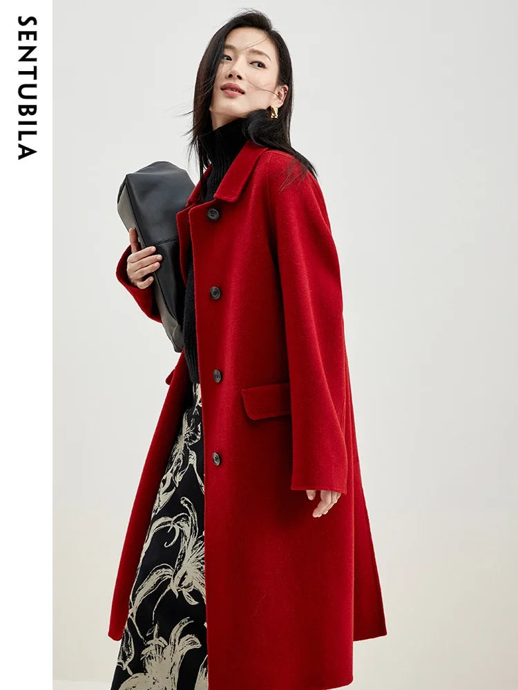SENTUBILA Double-faced Woolen Long Jacket For Women 2025 Winter 100% Wool Coat Simple Comfortable Warm Lapel Overcoat W34O49911