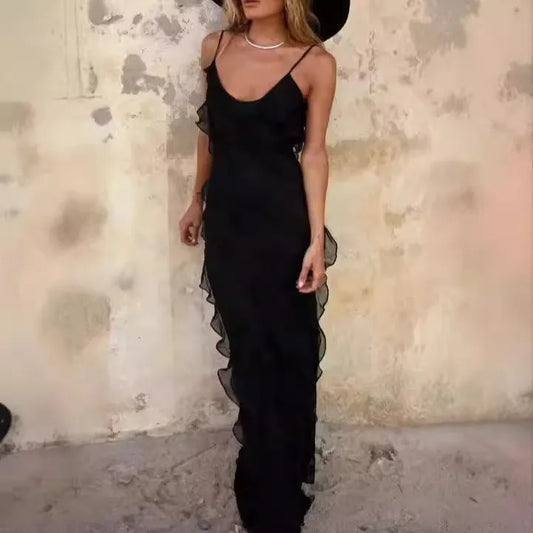 Customizable Ruffles V Neck Women Elegant Maxi Dress Sexy Party Club Backless Summer Sleeveless Beach Bodycon Long Dresses