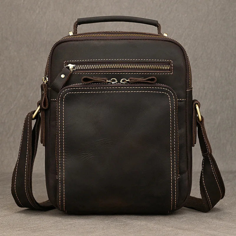 Men's Vintage Genuine Leather iPad Messenger Bag Thick Cow Leather Shoulder Bag Small Casual Crossbody Bag Cowhide Briefcase