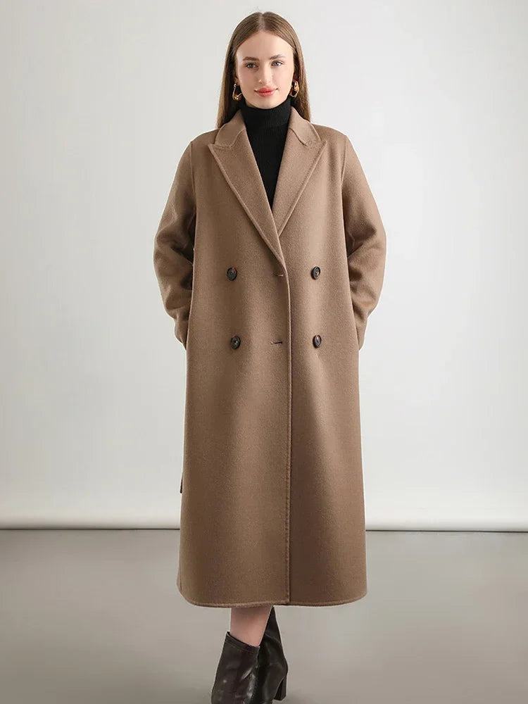 Women 100% Wool Peak Lapel Overcoat Belt Double-Breasted Autumn Winter Long Jacket Trench Coat Ladies Female Clothing #19