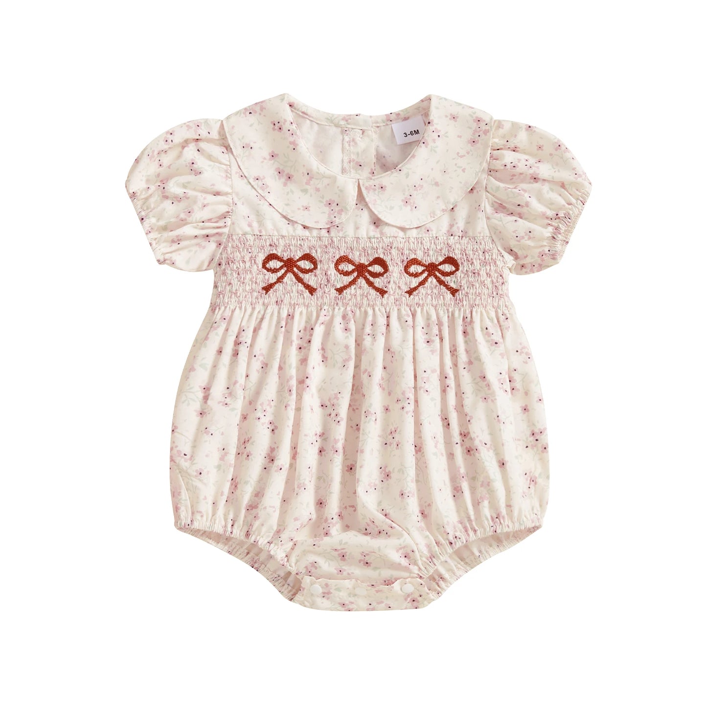 FOCUSNORM 3 Colors Lovely Baby Girls Rompers Bowknot Embroidered Print Doll Collar Short Sleeve Jumpsuits Summer Clothes