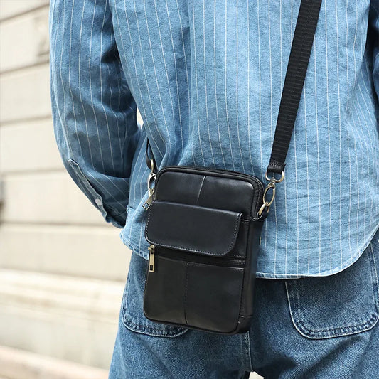 New Casual Men's Cow Leather Shoulder Phone Bag Male Small Crossbody Bag