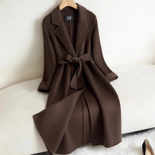 Black Double-sided Cashmere Jacket Women's Long Coat 2025 Autumn Winter New Temperament Wool Coats Female Belt Long Overcoat