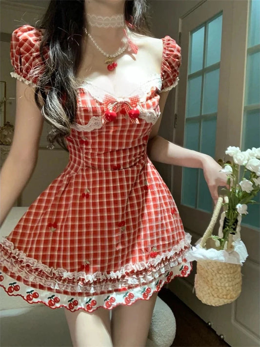 French Elegant Sweet Red Plaid Dress Women New Design Lace Patchwork Kawaii Dresses Harajuku Fashion Y2k Slim Summer Clothing
