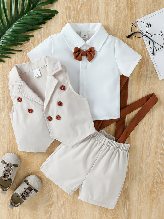 Children’s 2025 Summer New Boys’ Solid Color Vest, Bowknot Shirt, and Solid Color Overalls Three-Piece Set