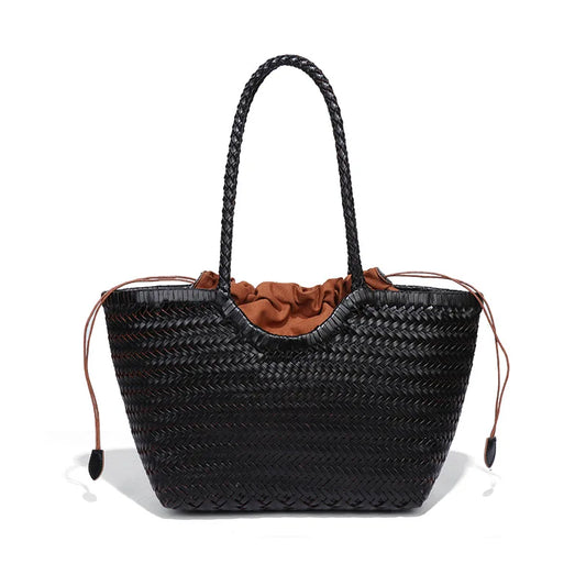 Genuine Leather Hand-woven Vintage Tote Bag New Classic Design Cowhide Shoulder Bag Women's Spring Summer French Bucket Bag 2025