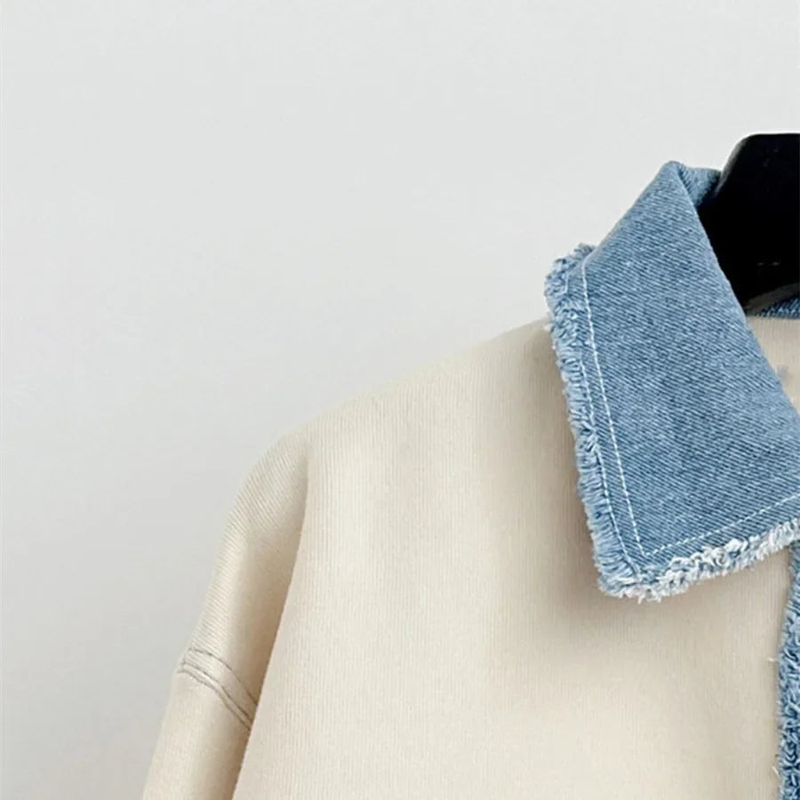 Women Denim Splice Knitted Coat Contrast Color Turn-down Collar Trimmings Single Breasted Sweater Cardigan for Lady