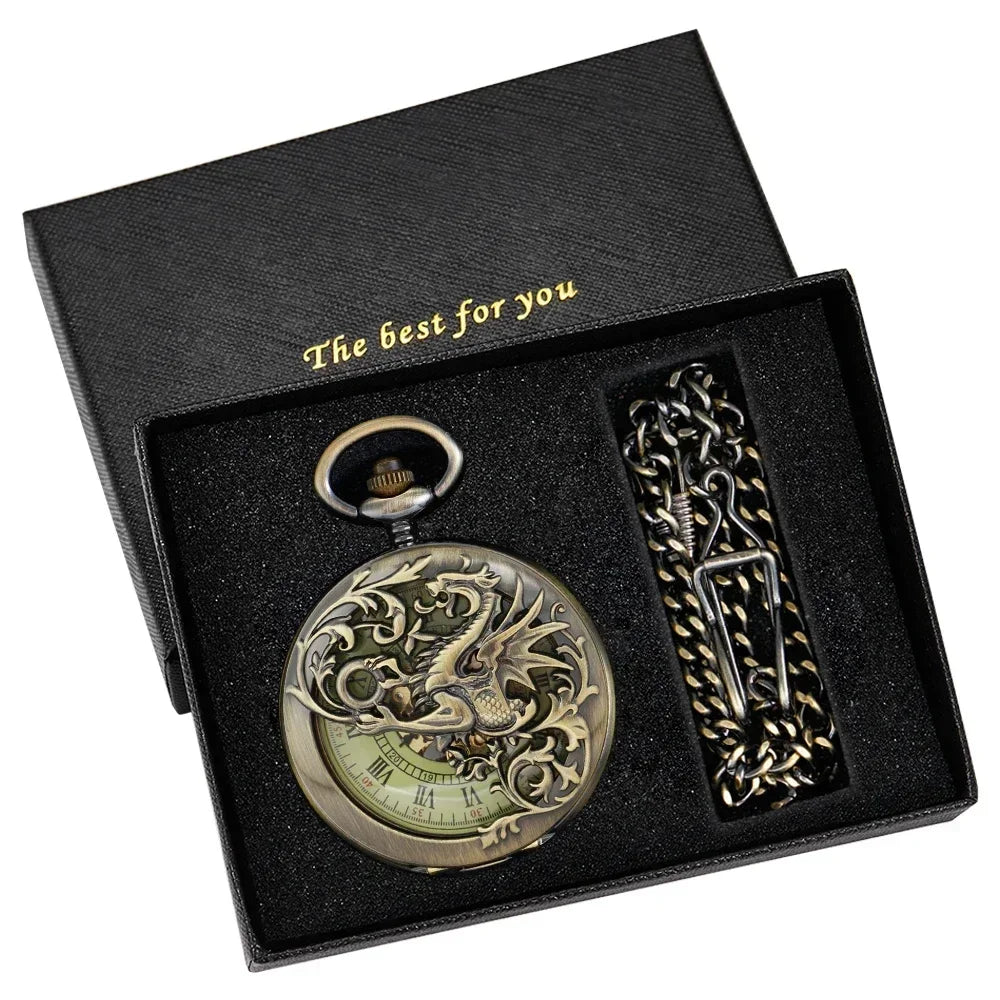 NEW Vintage Mechanical Pocket Watch Mens Hand-winding Skeleton Dragon Chain Retro Roman Numerals Display Pocket Clock