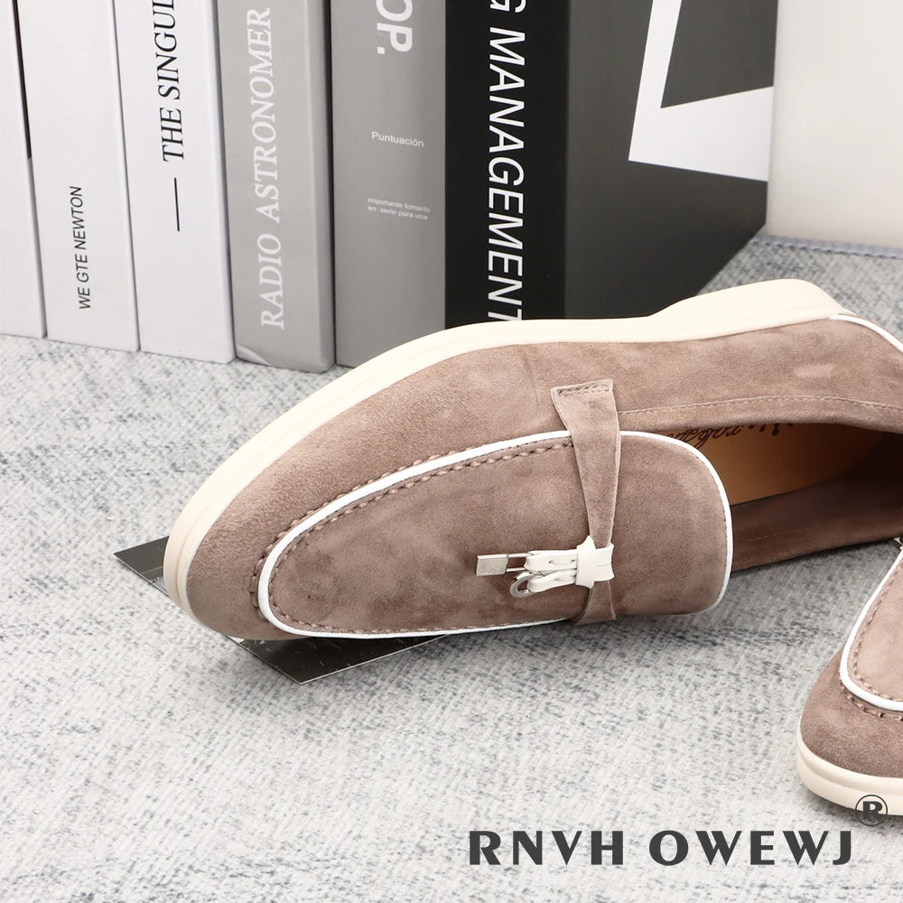2025 Men's Flat Loafer Summer Top Quality Suede Leather Tassel Metal Buckle Pink Slipper Mules Comfortable Slip on Shoes