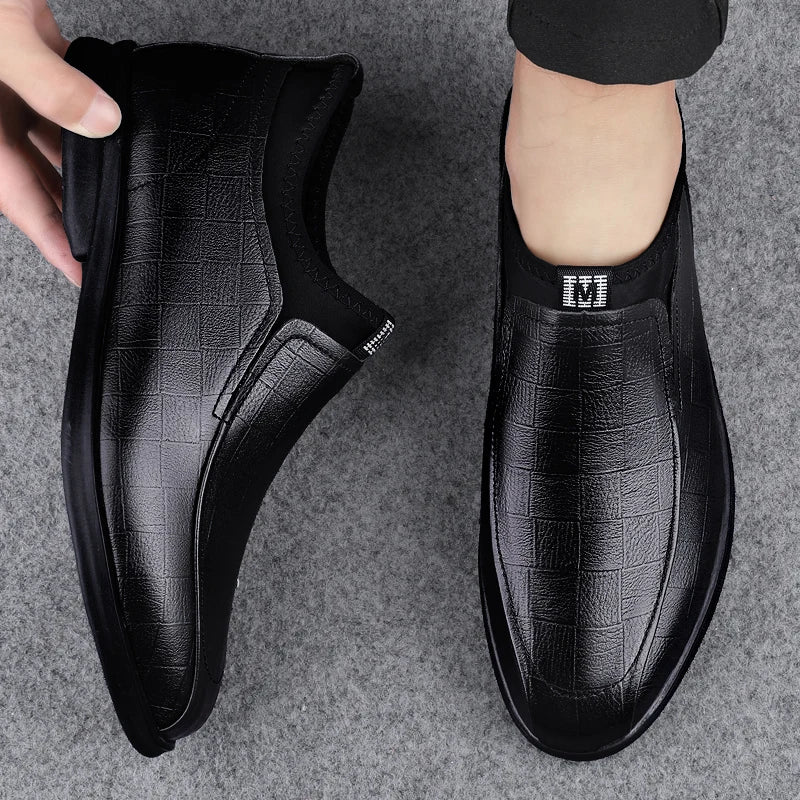 Genuine Leather Business Shoes Flat Slip-on Leather Mens Casual Shoes Senior Brand Male Footwear Mid Top Loafers Black and Brown