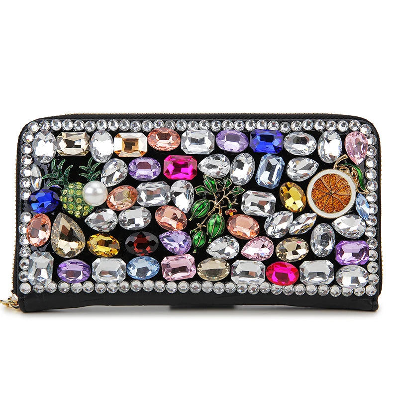 Luxury Diamond Women Long Purse Card Holder Coinetter Color Crystal Red Lip Pearl Wallet Pu Leather Zipper Around Wallet  Female