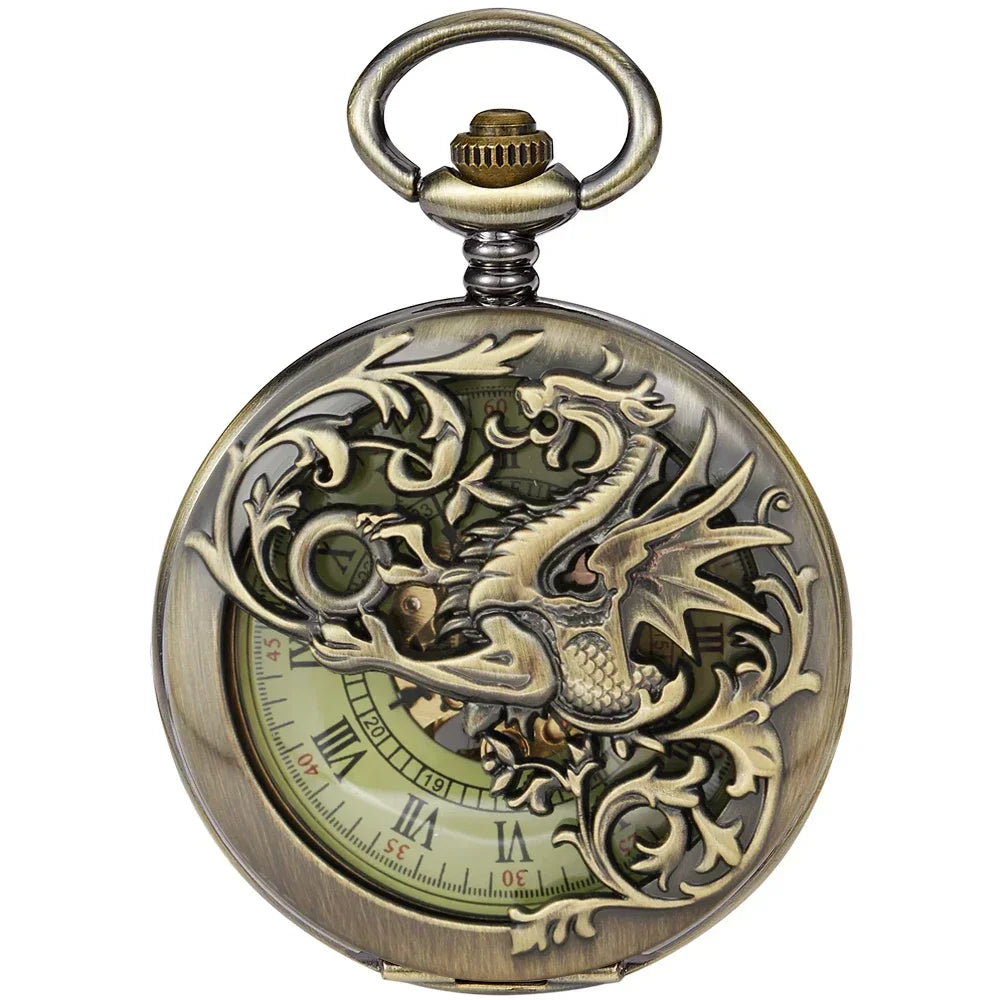 NEW Vintage Mechanical Pocket Watch Mens Hand-winding Skeleton Dragon Chain Retro Roman Numerals Display Pocket Clock