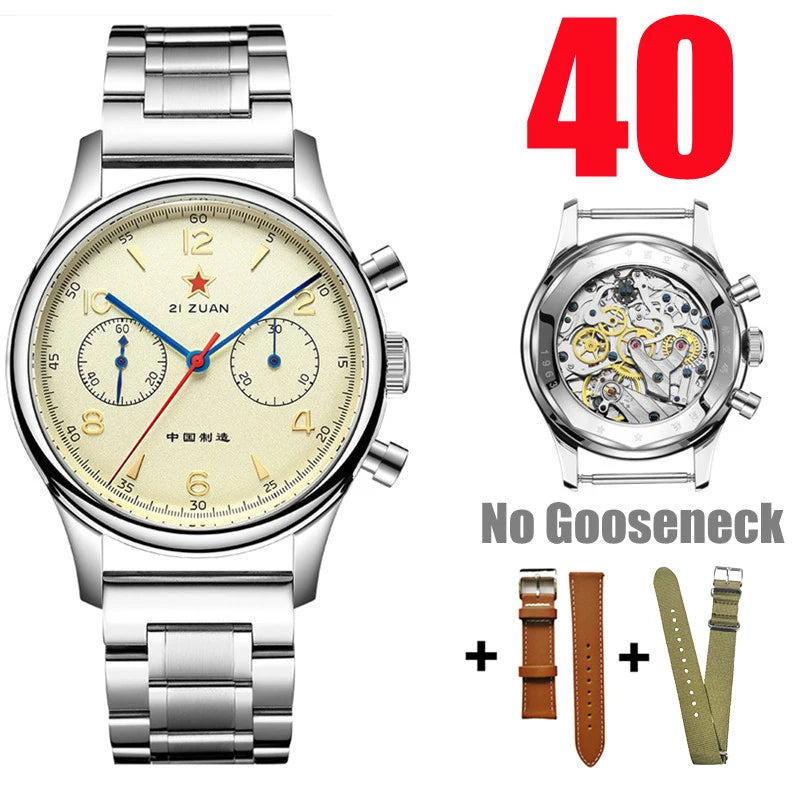 Red Star 1963 Chronograph 38mm Men's Mechanical Pilot with Seagull ST1901 Movement Watch Air Force Aviation 40mm Stop WristWatch