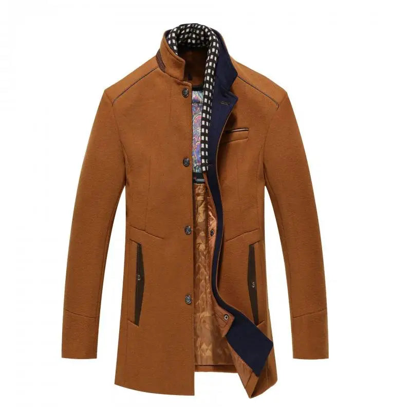 Autumn Winter Mens Wool Coats Smart Casual Thick Warm Woolen Trench Outerwear Men Stand Collar Fashion Detachable Scarf Coats