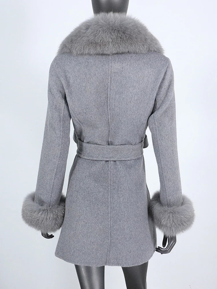 2022 Winter Jacket Women Real Fur Coat Natural Fox Fur Collar Cuffs Belt Cashmere Wool Woolen Warm Outerwear Fashion Streetwear