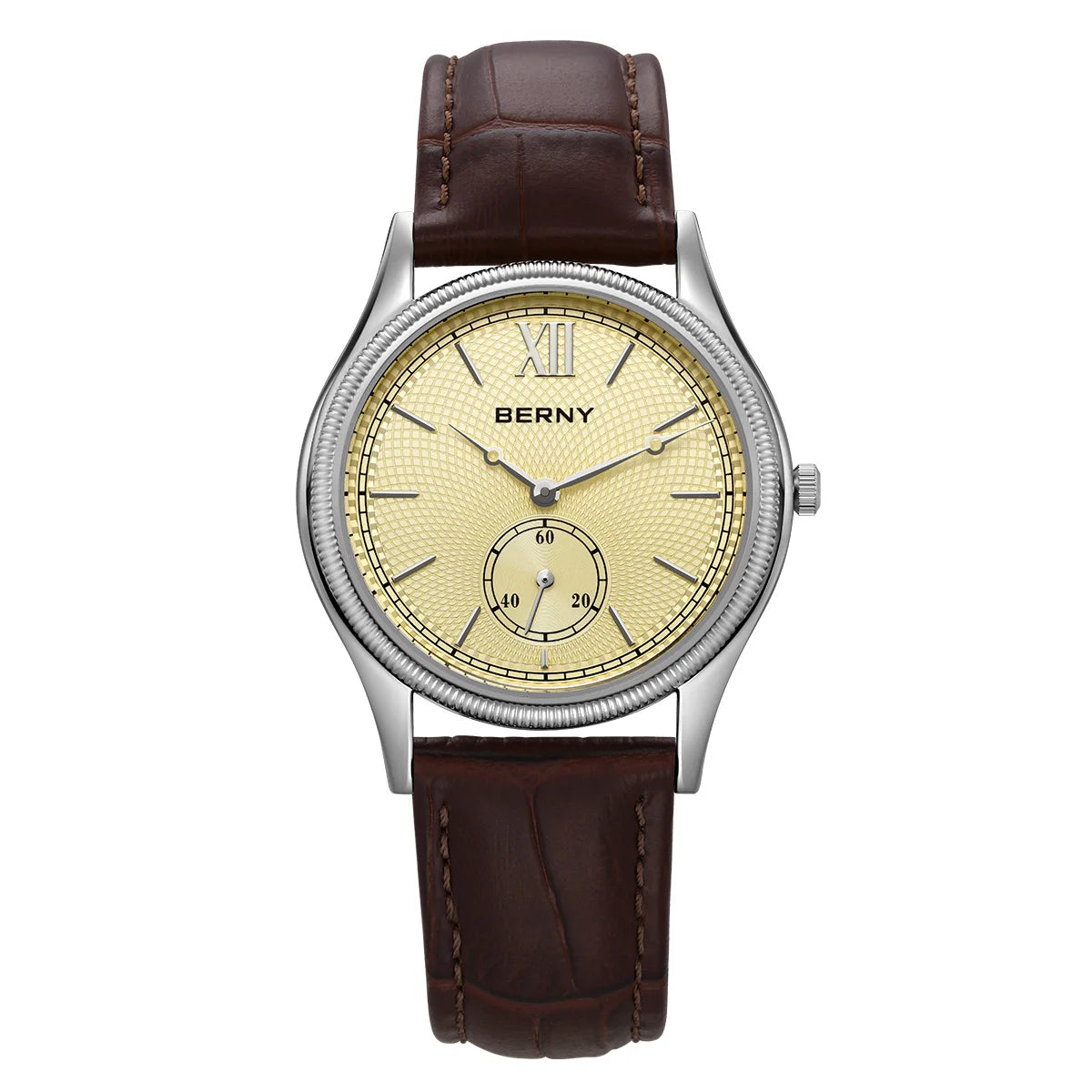 BERNY Men's Watches Luxury Classic Stylish Dress Quartz Watch Ultra-Thin Stainless Steel Case Elegance Leather Strap Wristwatch