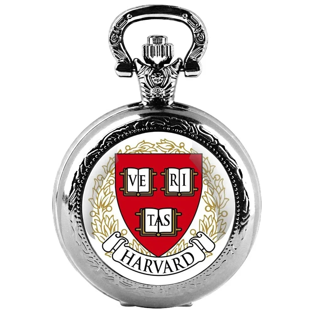 Harvard University Logo Glass Dome Quartz Pocket Watch with Chain for Men and Women Exquisite Jewelry Accessories birthday Gifts