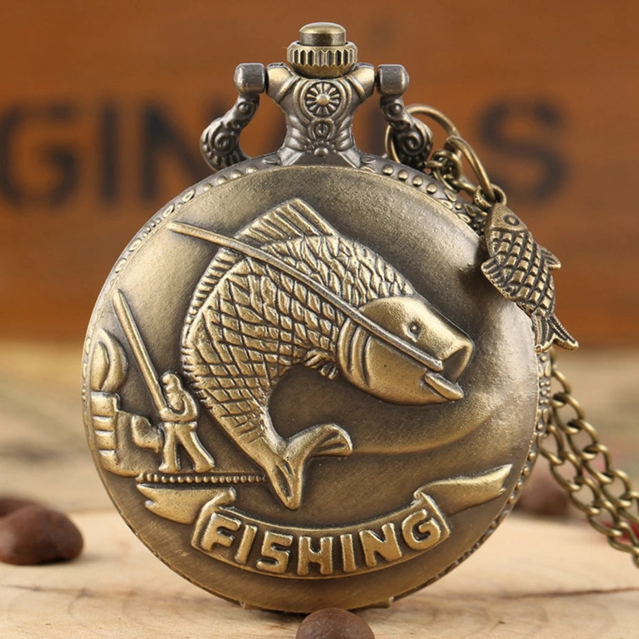 Vintage Bronze Fishing Pattern With Necklace Pendant Quartz Pocket Watch Gift Clock For Men Mlae Women Kids Relogio Saati