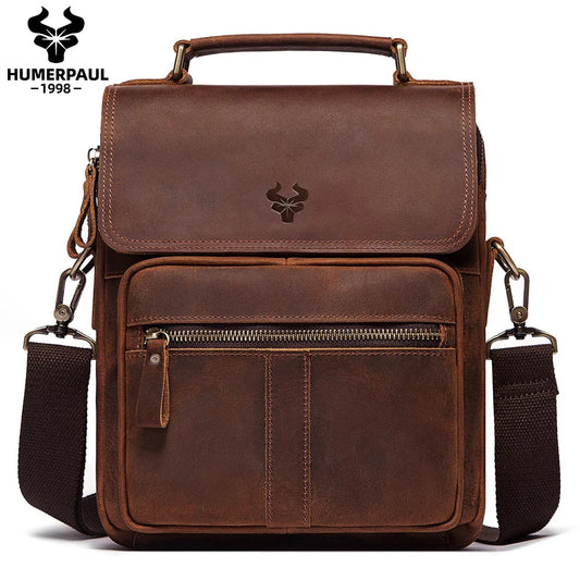 HUMERPAUL Full Grain Leather Shoulder Bag Retro Business Crossbody Bag for Work Large Capacity Male Messenger Bag Travel Bag