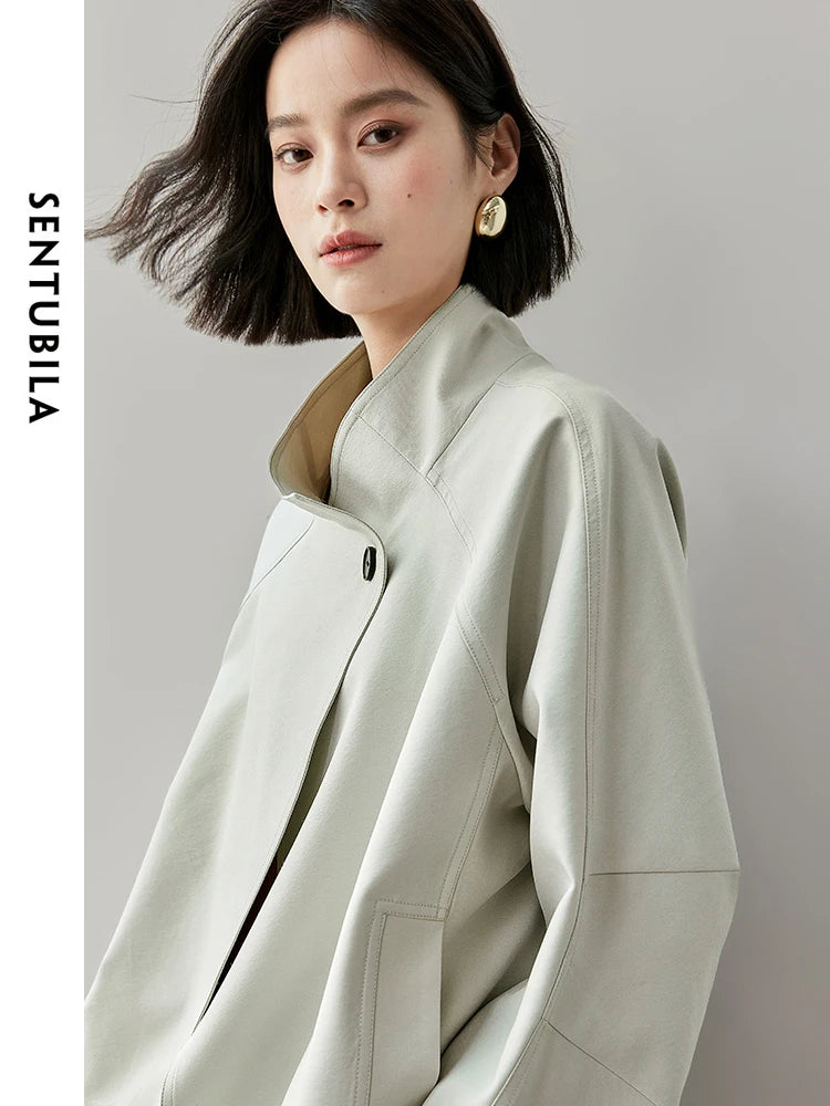 SENTUBILA Stand Collar Single Button Trench Coats For Women 2025 Autumn Fashion Loose Casual Loose Simple Women Coats 143F55826