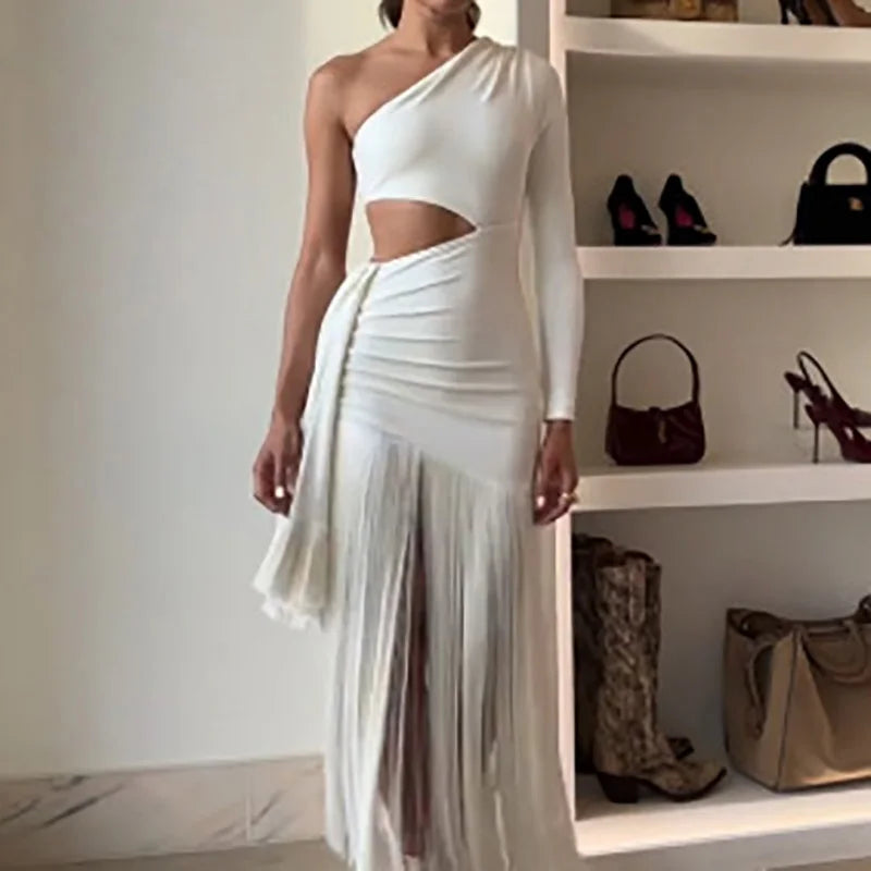 Women Sexy Hollow Out Maxi Dress Diagonal Collar One Shoulder Tassel Solid Patchwork Dress Chic Lady Bodycon Slim Fit Dresses