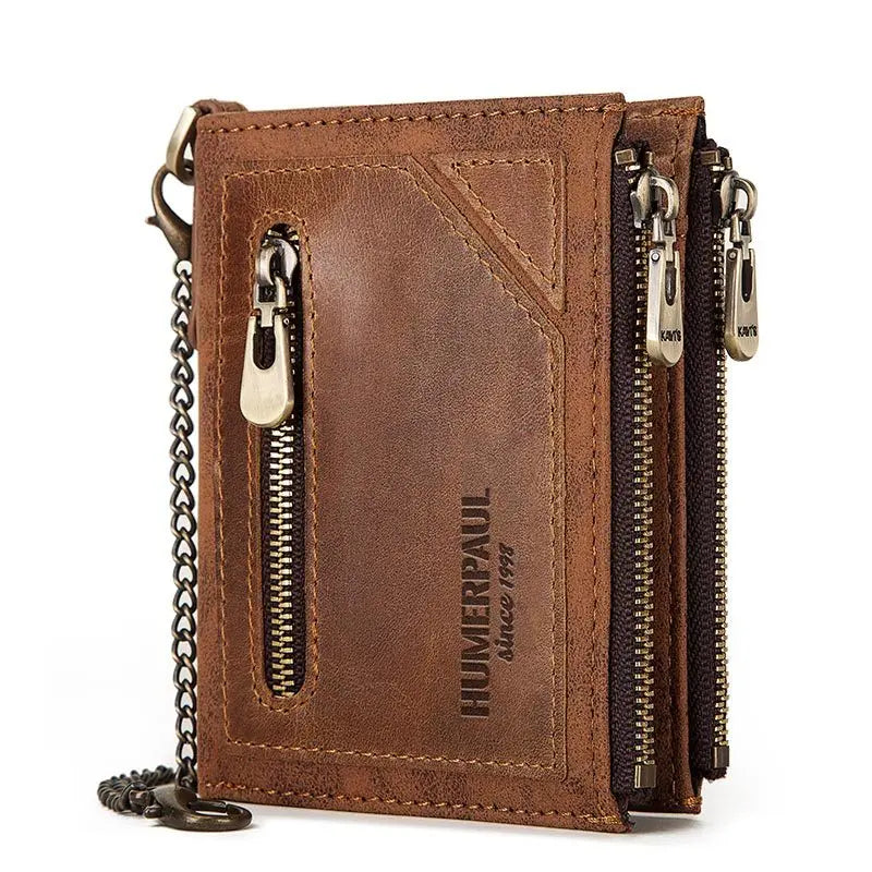 Cowhide Leather Men Short Wallet Zipper Rfid Bifold Coin Purse Credit Card Holder For Male Vintage Chain Clutch Money Bag JYE447