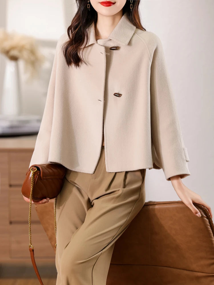 100% Merino Pure Wool Handmade Double-Sided Cloth Chic Coat Women's Short Oxhorn Button Heavy Coat High Street Elegant Top