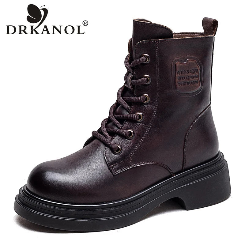 DRKANOL British Style Women Winter Warm Shearling Boots Natural Wool Cow Leather Thick Heel Platform Casual Retro Ankle Boots