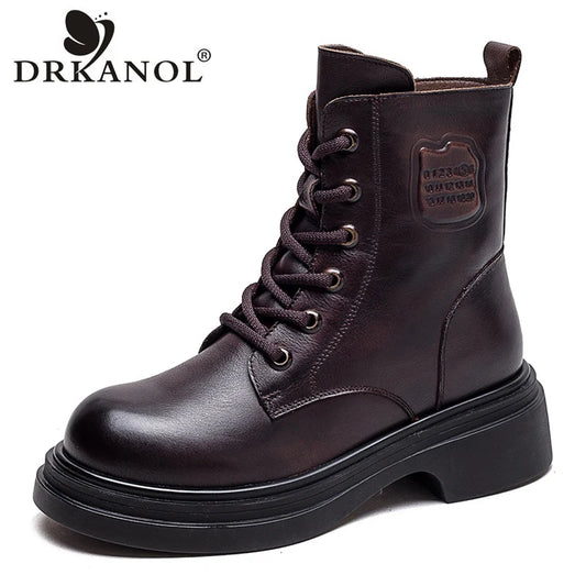 DRKANOL British Style Women Winter Warm Shearling Boots Natural Wool Cow Leather Thick Heel Platform Casual Retro Ankle Boots