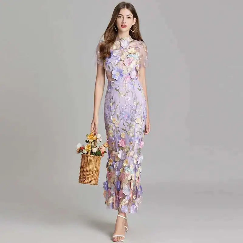 Summer Embroidery Lace Prom Dress Women French Luxury 3D Flower Fishtail Short Sleeve Long Dresses Party Bodycon Holiday Vestido