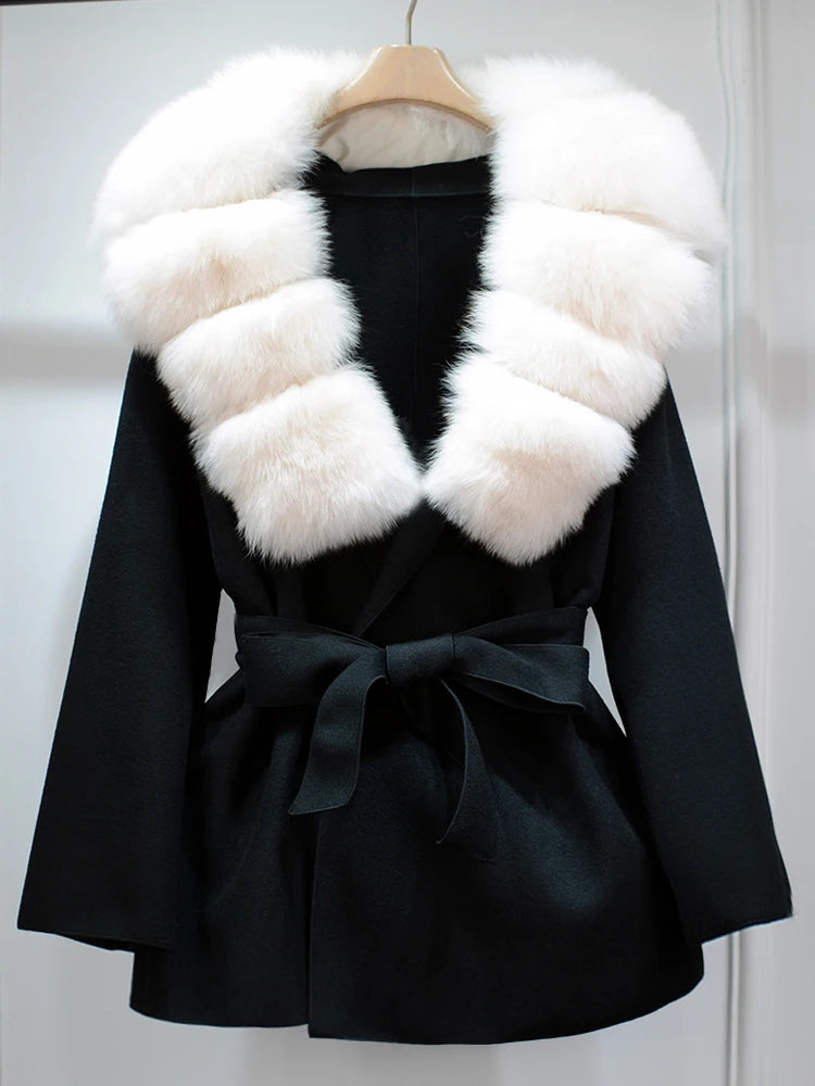 Janveny Wool Coat Women 2025 New Winter Autumn Cashmere Coats Luxury Real Fox Fur Collar Ladies Elegant Belt Design Outwear