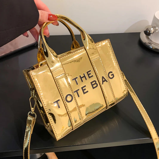 Patent Leather Shoulder Bag Fashion Letter Ladies Tote Bags Casual Adjustable Strap Simple Shiny Portable for Weekend Vacation