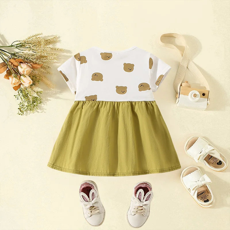 Girls' Clothes Summer New Short Sleeved Cartoon Teddy Bear Dress For Baby Girls Children's Spliced Fake Two-Piece Dress