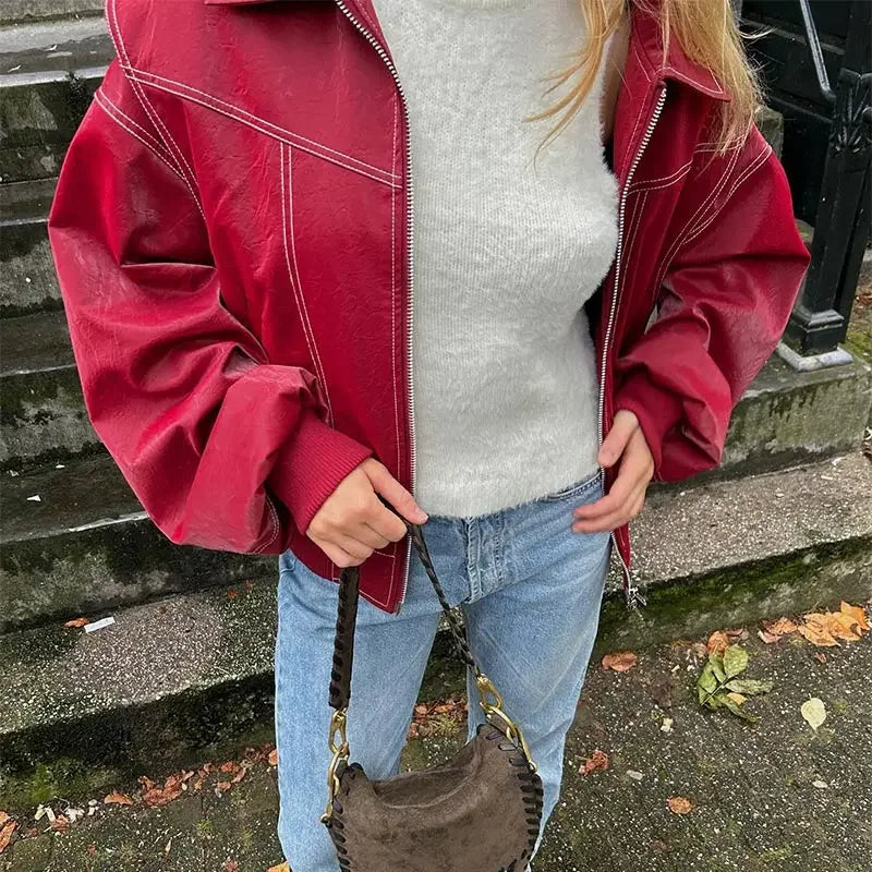 Women Red Lapel Zipper Leather Cropped Coat 2025 Chic Retro Loose Casual Short Jackets Autumn Fashion Motorcycle Leather Tops