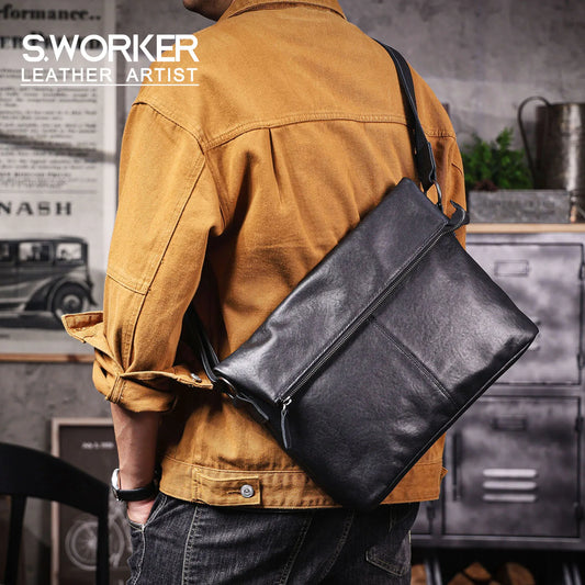 Genuine Leather Men's Shoulder Bag Crossbody Laptop Bags Simple Cowhide Top Layer Vegetable-tanned Leather Fashion Casual