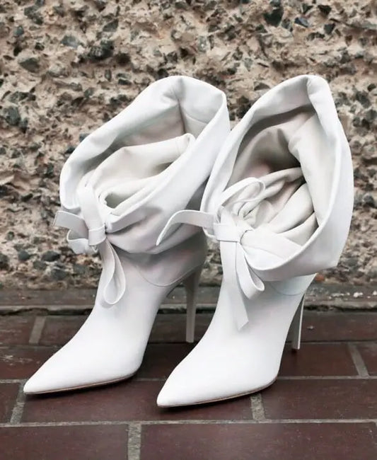 New Arrival Women's White Color Stiletto Pointed Toe Short Boots Lace Up Pleated Fashionable Versatile Ankle Boots