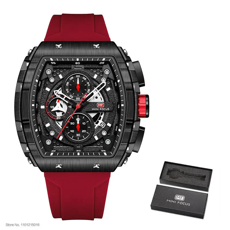 MINI FOCUS Chronograph Quartz Watch for Men Tonneau Dial Military Sport Wristwatch with Orange Silicone Strap Auto Date 0399