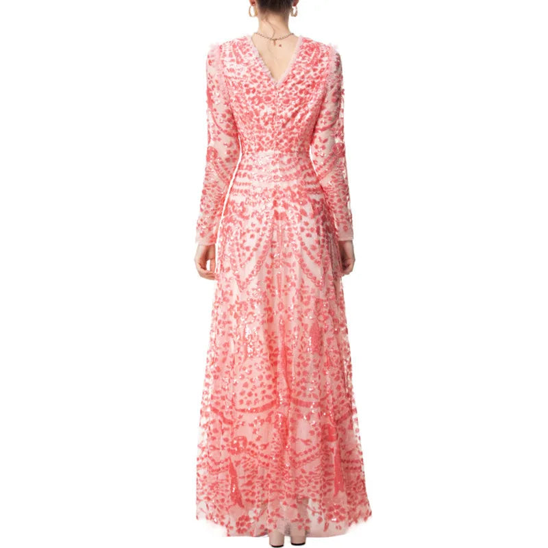 QMQA Fashion Women's Luxury Sequin Dress V-neck Long Sleeved High Waist Slimming Elegant Banquet Evening Dresses 2025 New QM167