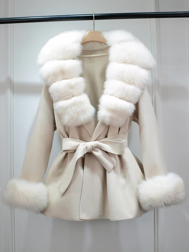 2025 Fashion Winter Real Fox Fur Collar Cuff Cashmere Wool Coat Women Suit Collar Warm Loose Mid Length Belted Wool Coat Blends