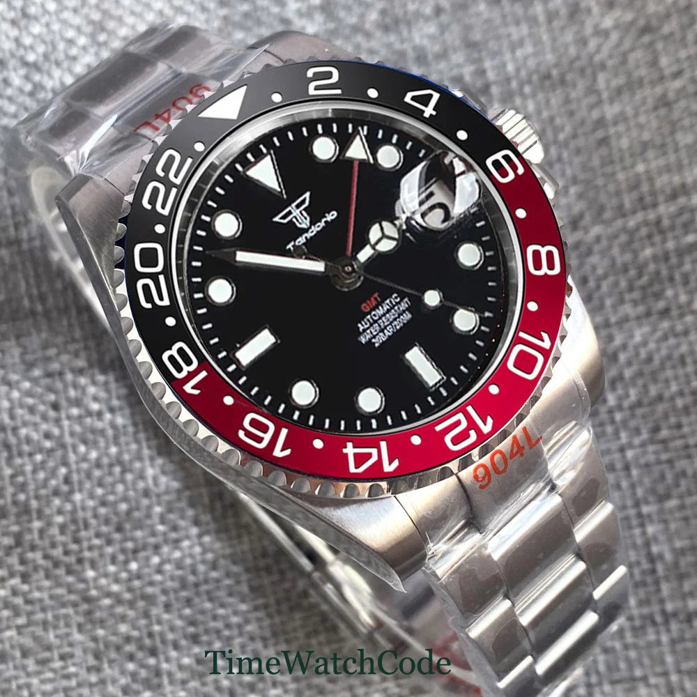 Tandorio 40mm NH34A Men's Automatic Watch GMT Function Luminous Black Dial Sapphire Crystal Auto Date Bracelet Rotating Bezel